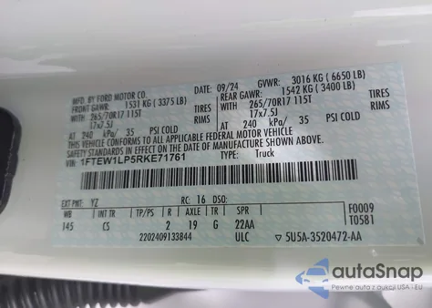 2024 Ford F-150 Xl z USA, uszkodzony, nr VIN 1FTEW1LP5RKE71761